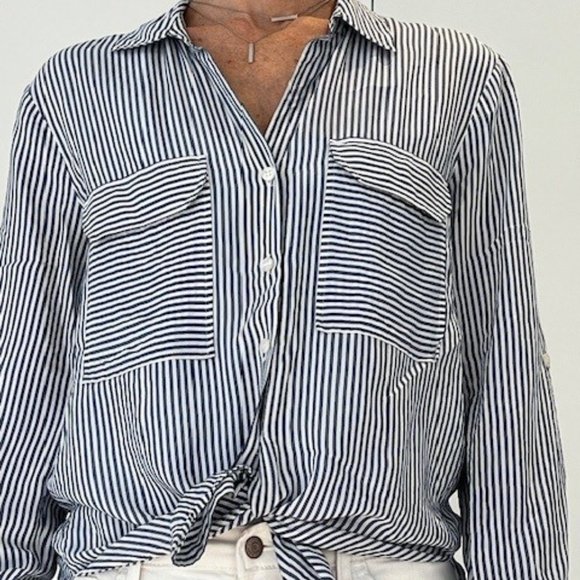 Maeve (Anthropologie), small, long-sleeve button up, navy and white stripes - Picture 4 of 6